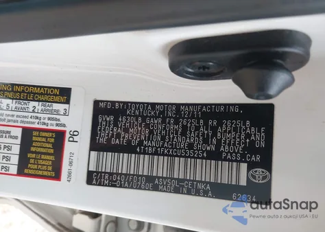 2012 Toyota Camry Le z USA, uszkodzony, nr VIN 4T1BF1FKXCU535254